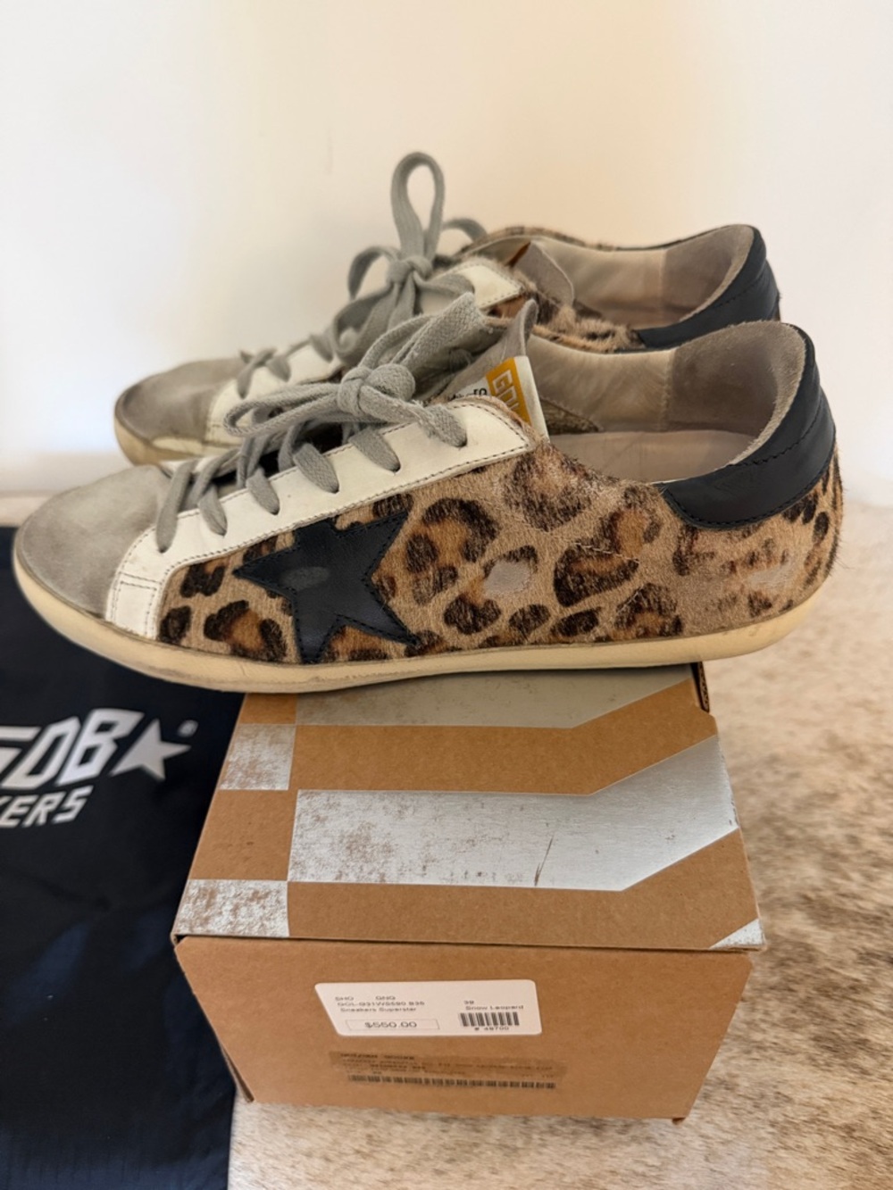 Golden Goose Leopard Pony Hair Sneakers in Tan, Black & White - Picture 2 of 5